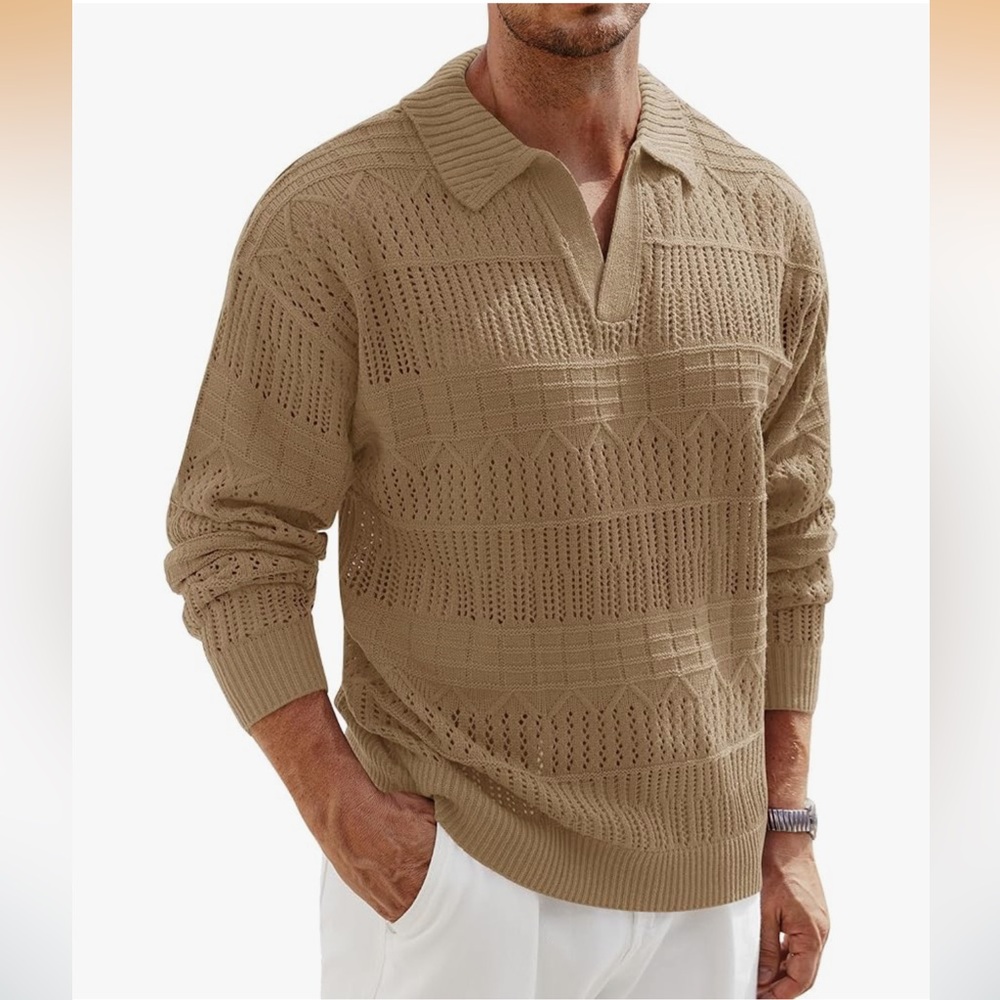 Men's Crochet Johnny Collar Polo Oversized Hollow Out Knit Textured Sweater- Med